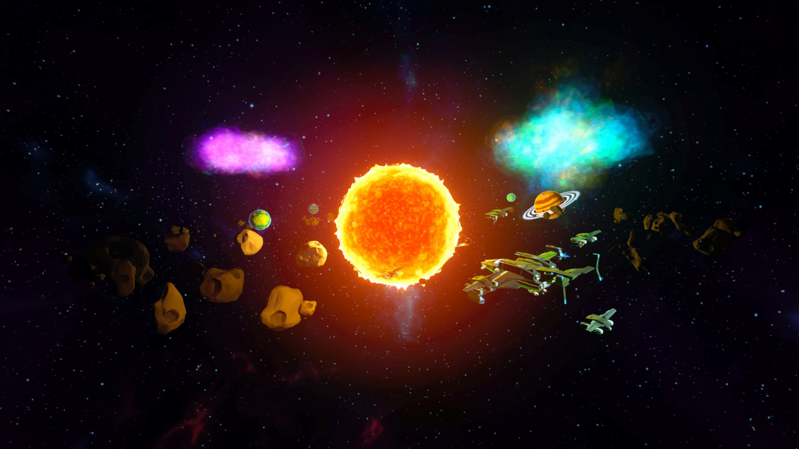 A swollen sun with a drone fleet, planets and asteroid belts